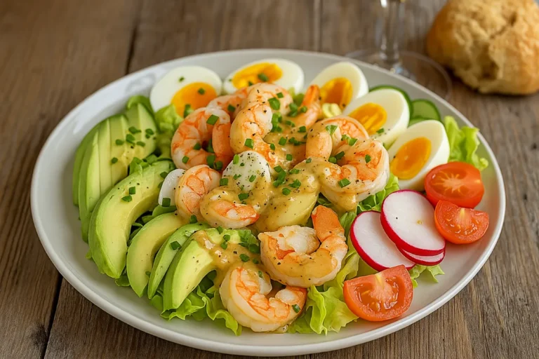 Classic Shrimp Louie Salad Recipe for a Fresh West Coast Favorite 10 Classic Shrimp Louie Salad plated with wine and bread