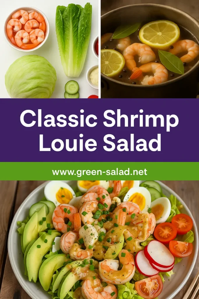 Classic Shrimp Louie Salad Recipe for a Fresh West Coast Favorite 9 Classic Shrimp Louie Salad Recipe Pinterest Pin with ingredients, cooking, and final dish