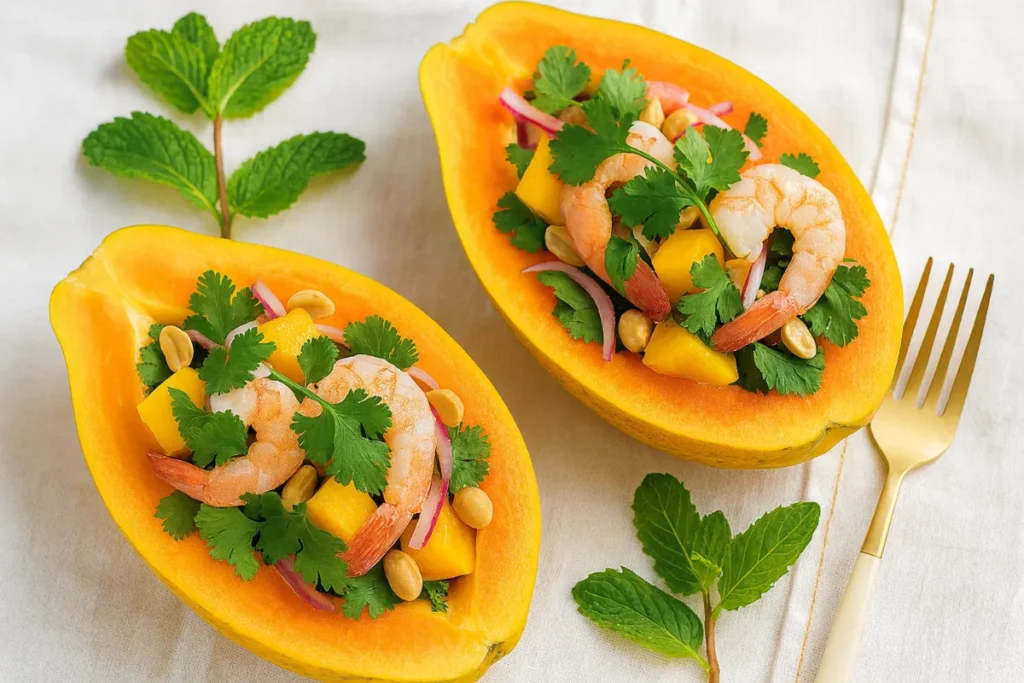 Shrimp & Papaya Salad: Fresh, Flavorful, and Perfect for Any Occasion 7 Shrimp & Papaya Salad served in papaya halves